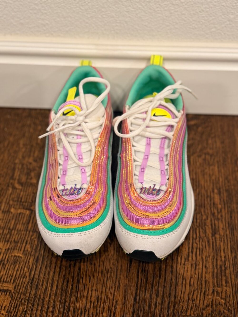 NWOT Nike Air Max 97 Shoes CW5591 100 White Fuchsia Glow Lemon Venom Size 8 1/2
